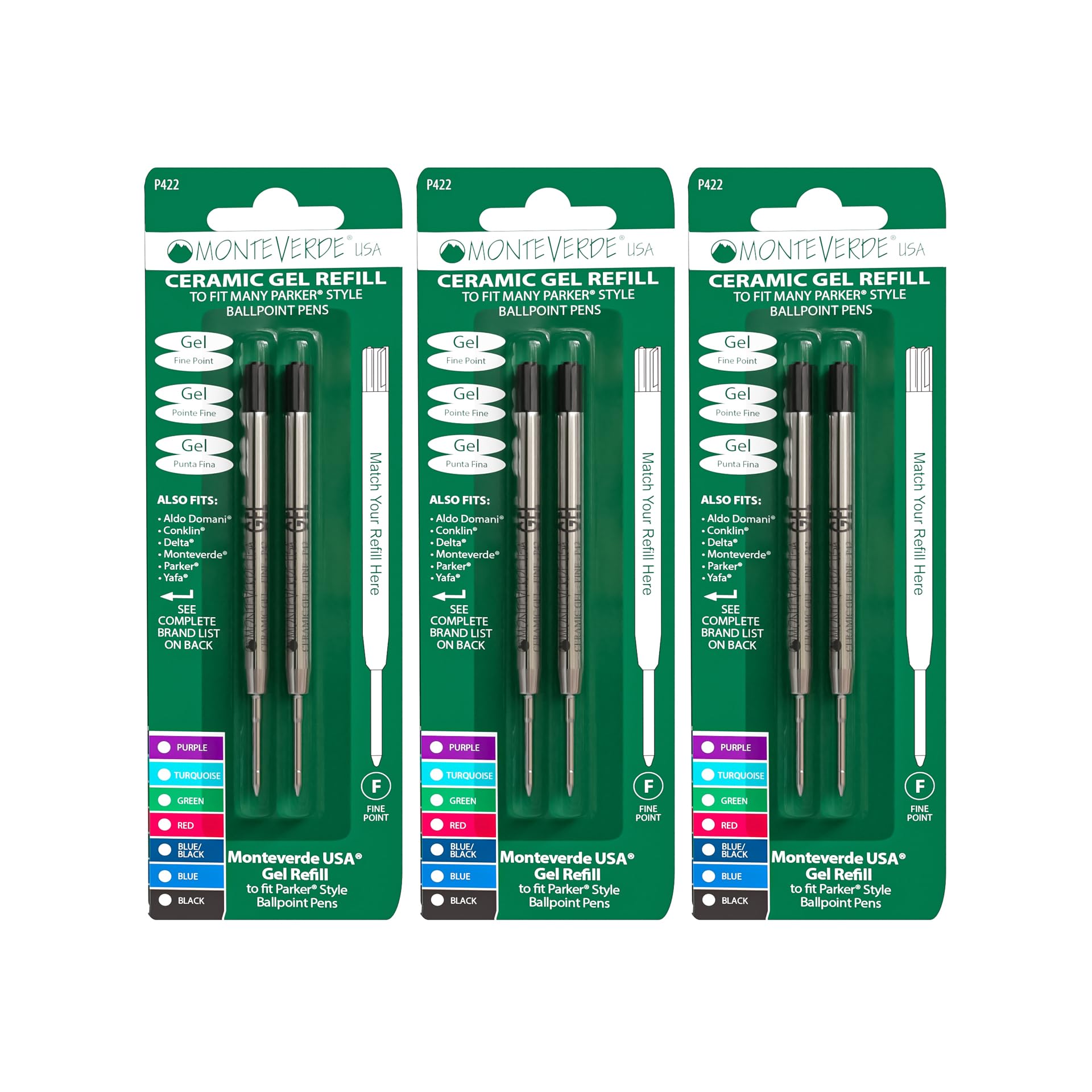 Monteverde Capless Ceramic Gel Refill To Fit Parker Ballpoint Pens, Fine Black (P423Bk)