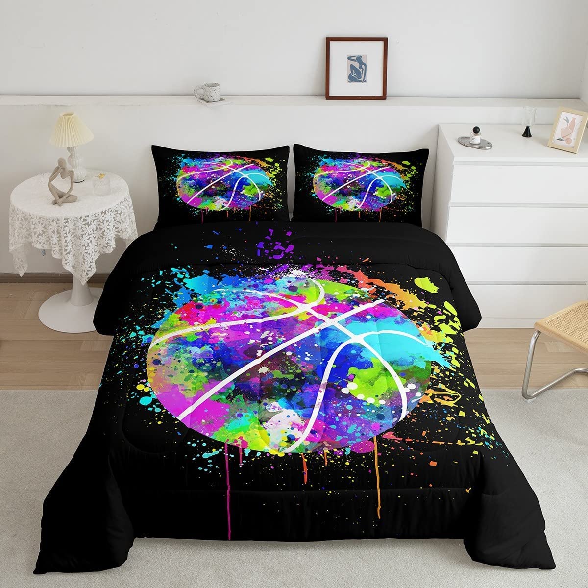 Castle Fairy Basketball Comforter Set For Boys Girls Kids Teens,3-Pieces Watercolor Tie-Dye Bedding Comforter Full Size,Color Gr