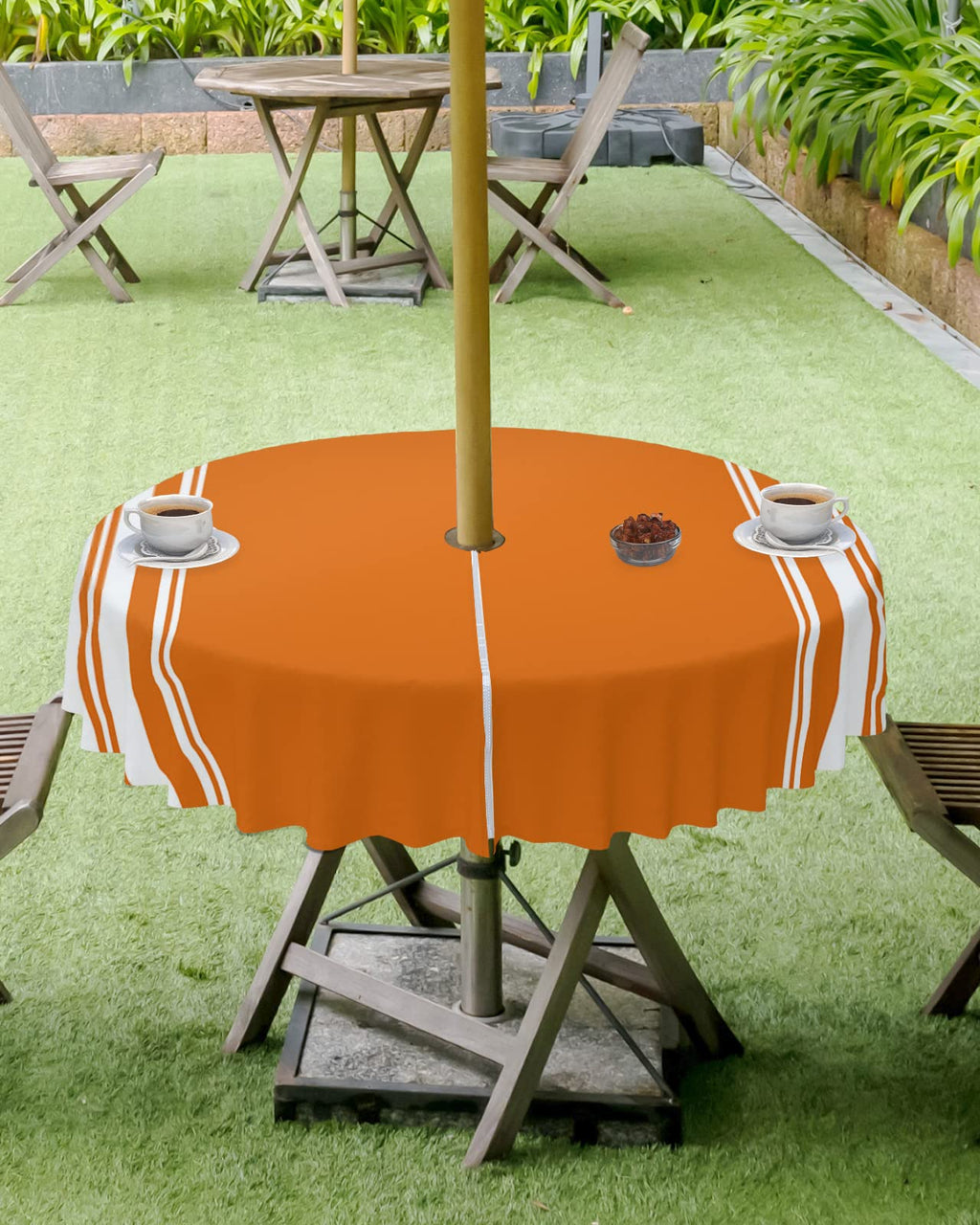 Fall Outdoor Tablecloth With Umbrella Hole, Farmhouse Orange White Stripe Round Tables Zippered Table Cloth Waterproof Tabletop
