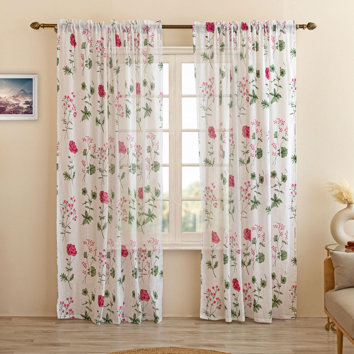 Homemonde Sheer Faux Linen Curtains With Rod Pocket Top Drapes For Living Room, Set Of 2 (Pink Floral, Window  5 Feet)