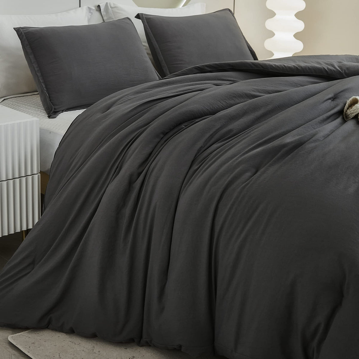 Litanika Comforter Set Dark Grey Oversized King Size, 3 Pieces Lightweight Solid Bedding Comforter Set, All Season Fluffy Bed Se