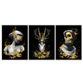 Derkymo 3 Piece Vintage Human Skull Canvas Wall Art Black and White Deer Head Skull Painting Prints Woman under Gold Mask Pictur
