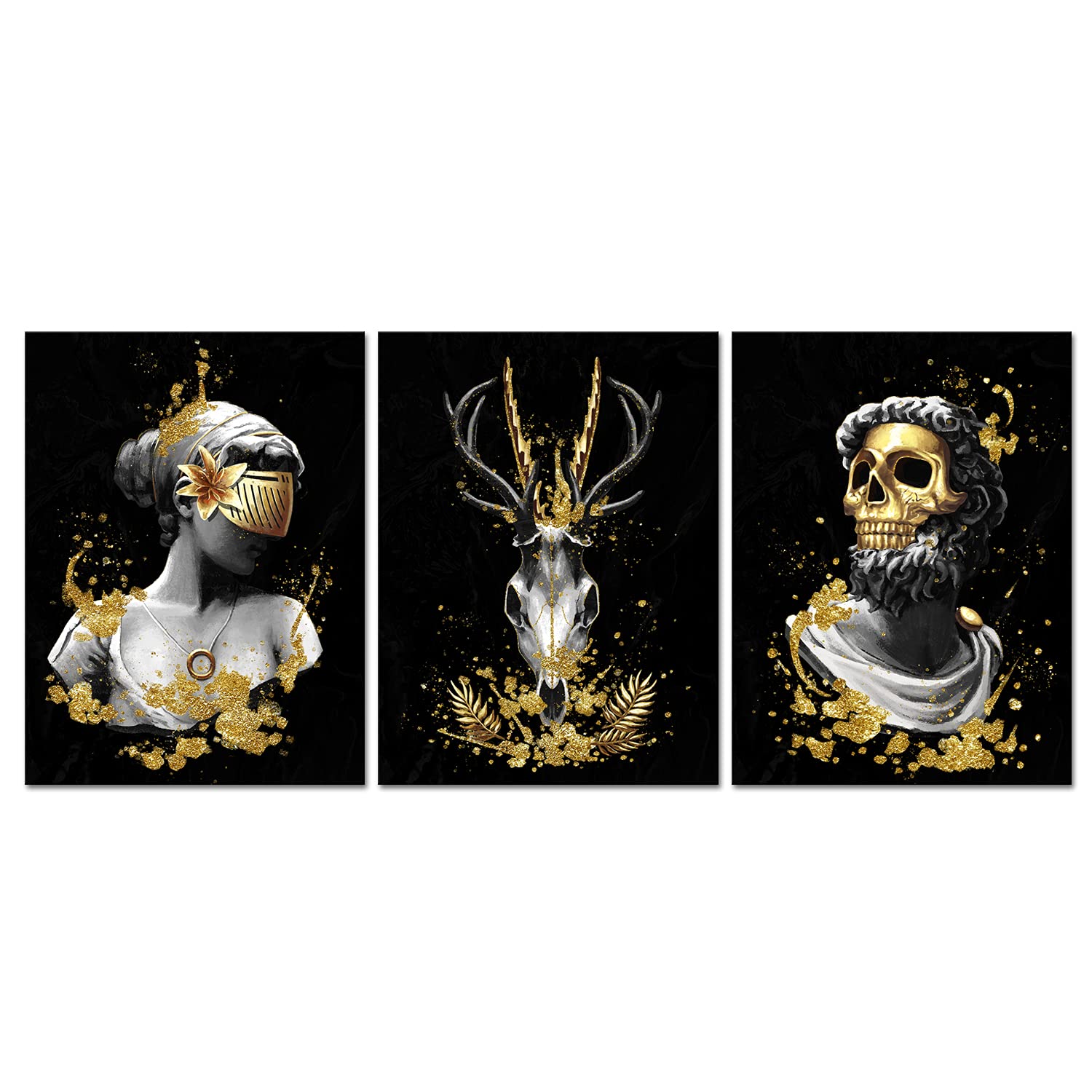 Derkymo 3 Piece Vintage Human Skull Canvas Wall Art Black and White Deer Head Skull Painting Prints Woman under Gold Mask Pictur