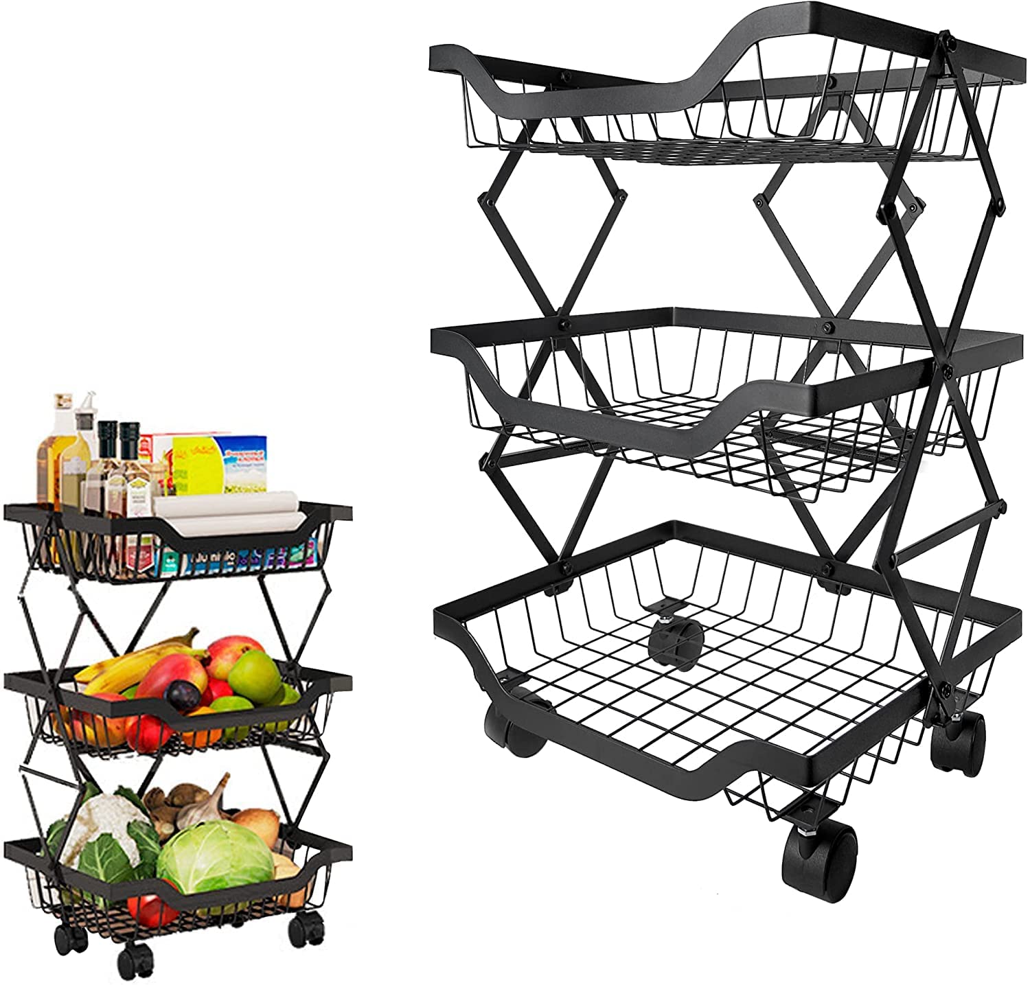 Cbex Metal Wire Basket With Wheels 3 Tier Stackable Rolling Fruit Basket Utility Rack Multifunctional Storage Organizer Bin For 