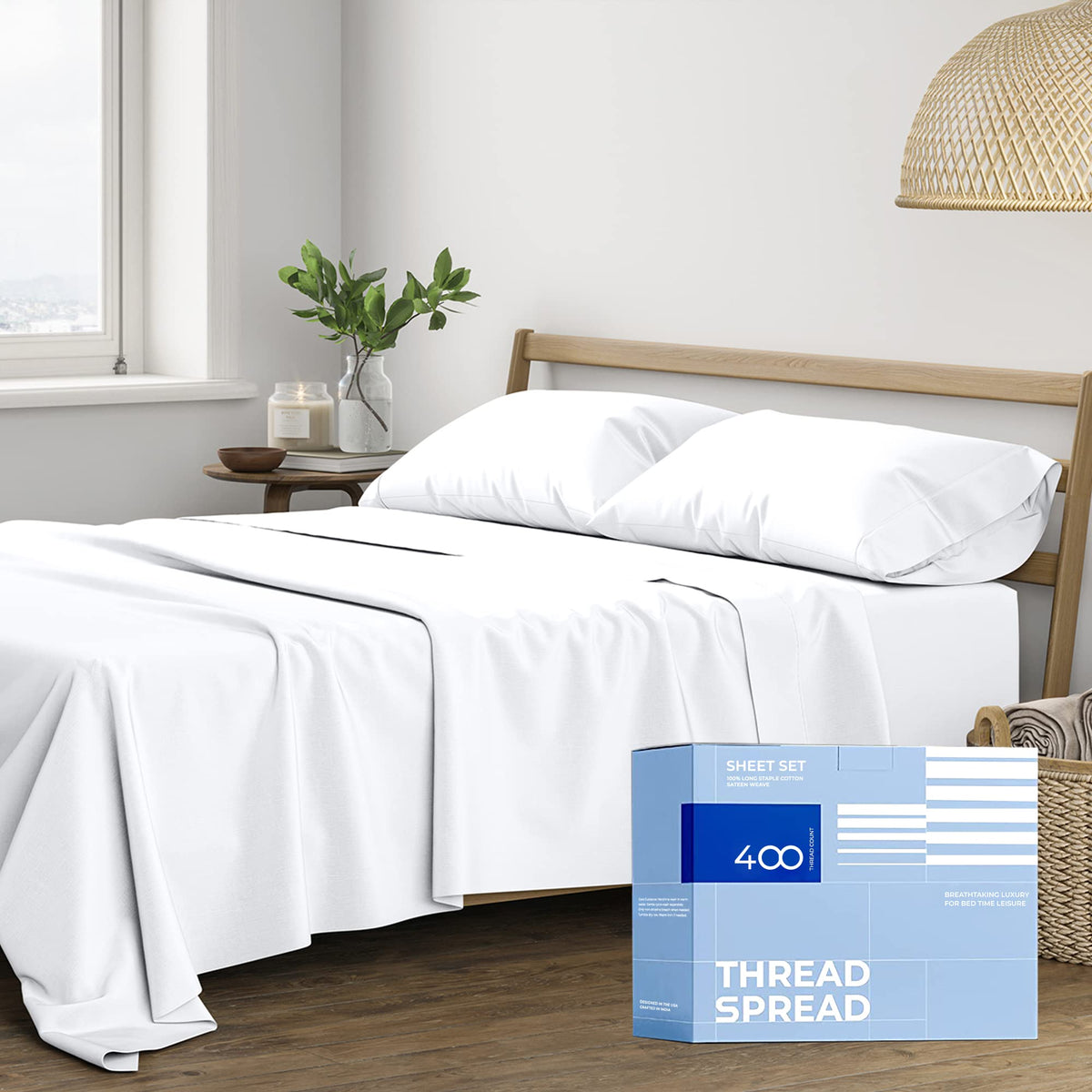 Thread Spread 100% Cotton Full Size Sheets Set - 400 Thread Count 4 Piece Cotton Sheet Set - Soft, Breathable Cooling Sheets - D