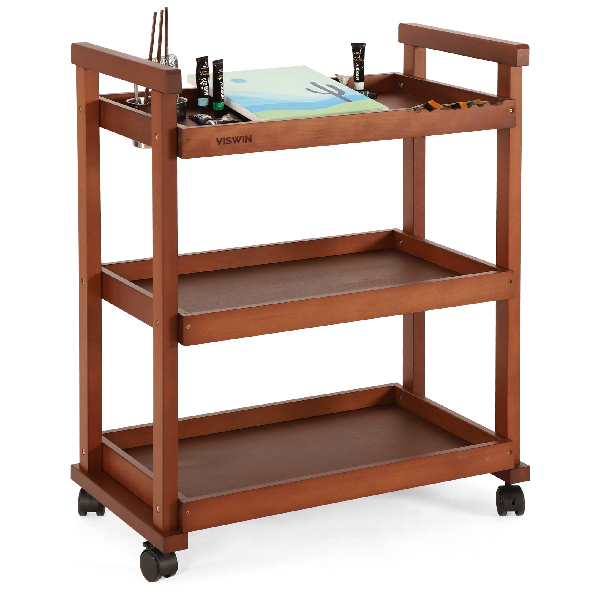 Viswin Solid Beechwood Art Cart Storage Organizer, 3-Tier Rolling Utility Studio Taboret With Casters, Multifunctional Storage Trolley Shelving Unit On Wheels For Art Studio Or Classroom - Walnut