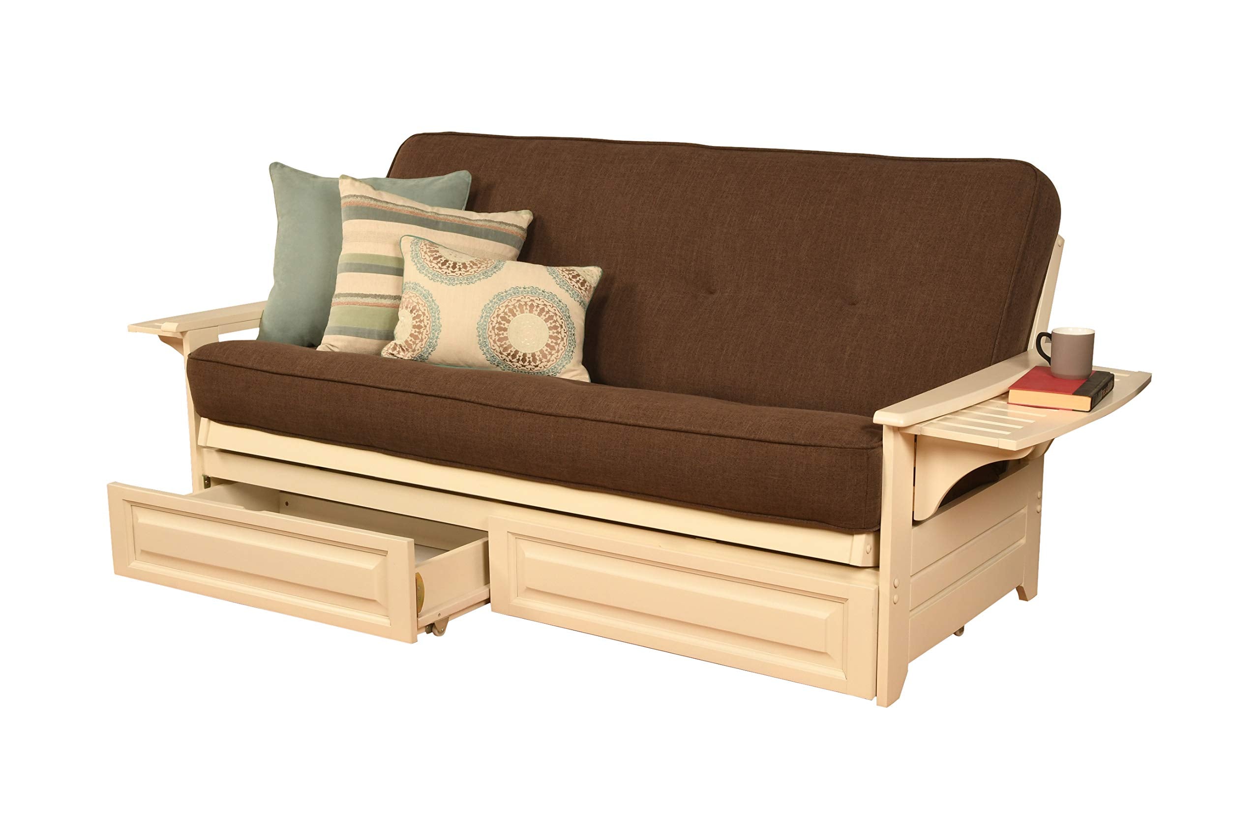 Kodiak Furniture Phoenix Storage Futon With Linen Fabric Mattress In White/Brown