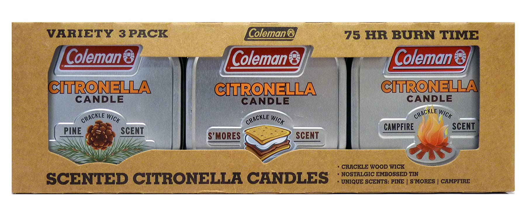 Coleman Scented Tin Citronella Candle - 3 Pack, SMores, Pine and Campfire