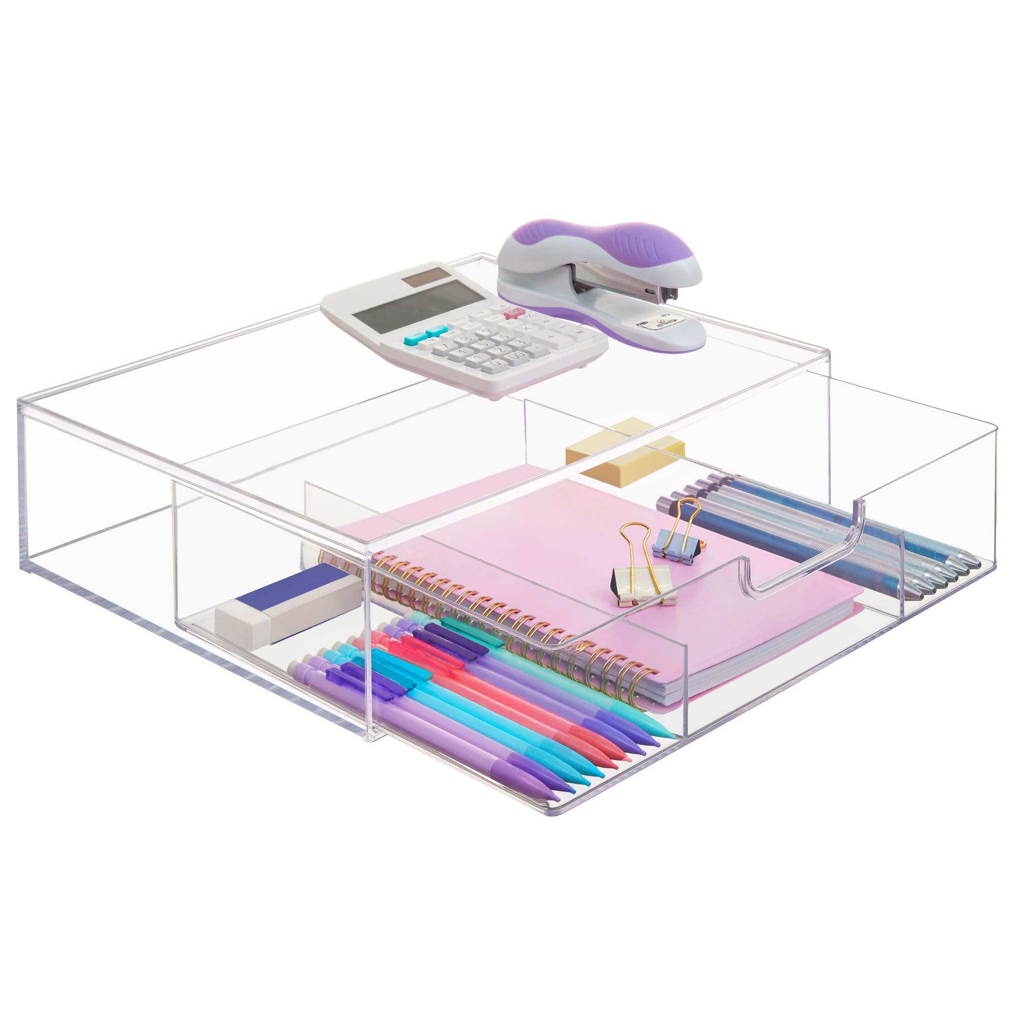 Stori Stax Plastic Stackable Organizer Divided Drawer In Clear | 12.5-Inches Wide | 3-Compartments To Organize Office Desk Acces