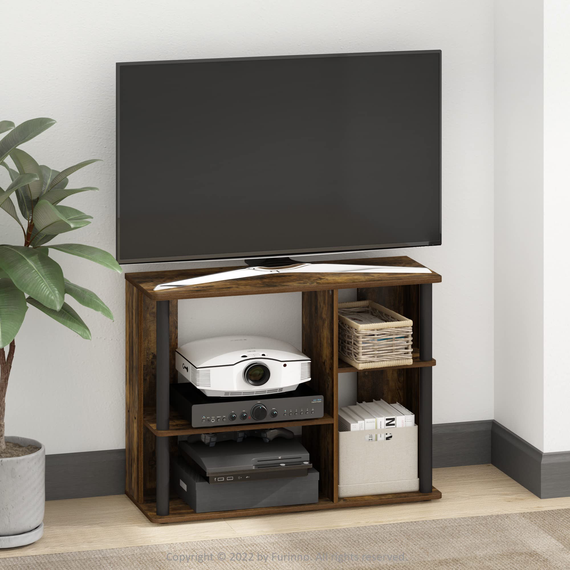 Furinno Classic Stand With Plastic Poles For Tv Up To 40-Inch, Amber Pine/Black