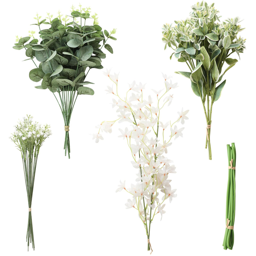 Floroom Artificial Greenery Stems Box Set, 25pcs with 4 Kinds of Faux Greenery Flowers Picks for DIY Bridal Bouquets Wedding Flo