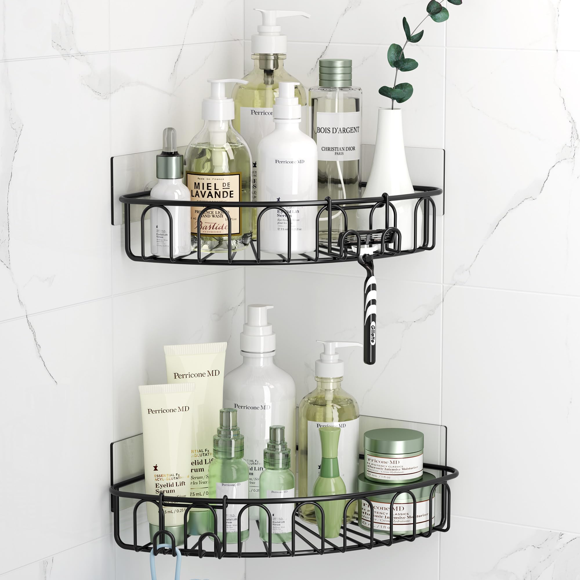 Orimade Corner Shower Caddy with 2 Hooks Wall Mounted Metal Bathroom Shelf Storage Organizer Adhesive No Drilling 2 Pack, Black 