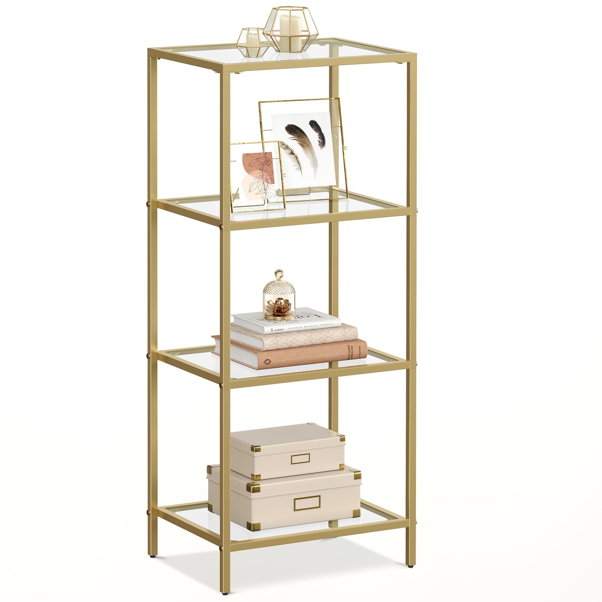 VASAGLE Bookcase, 4-Tier Bookshelf, Slim Shelving Unit for Bedroom, Bathroom, Home Office, Tempered Glass, Steel Frame, Metallic