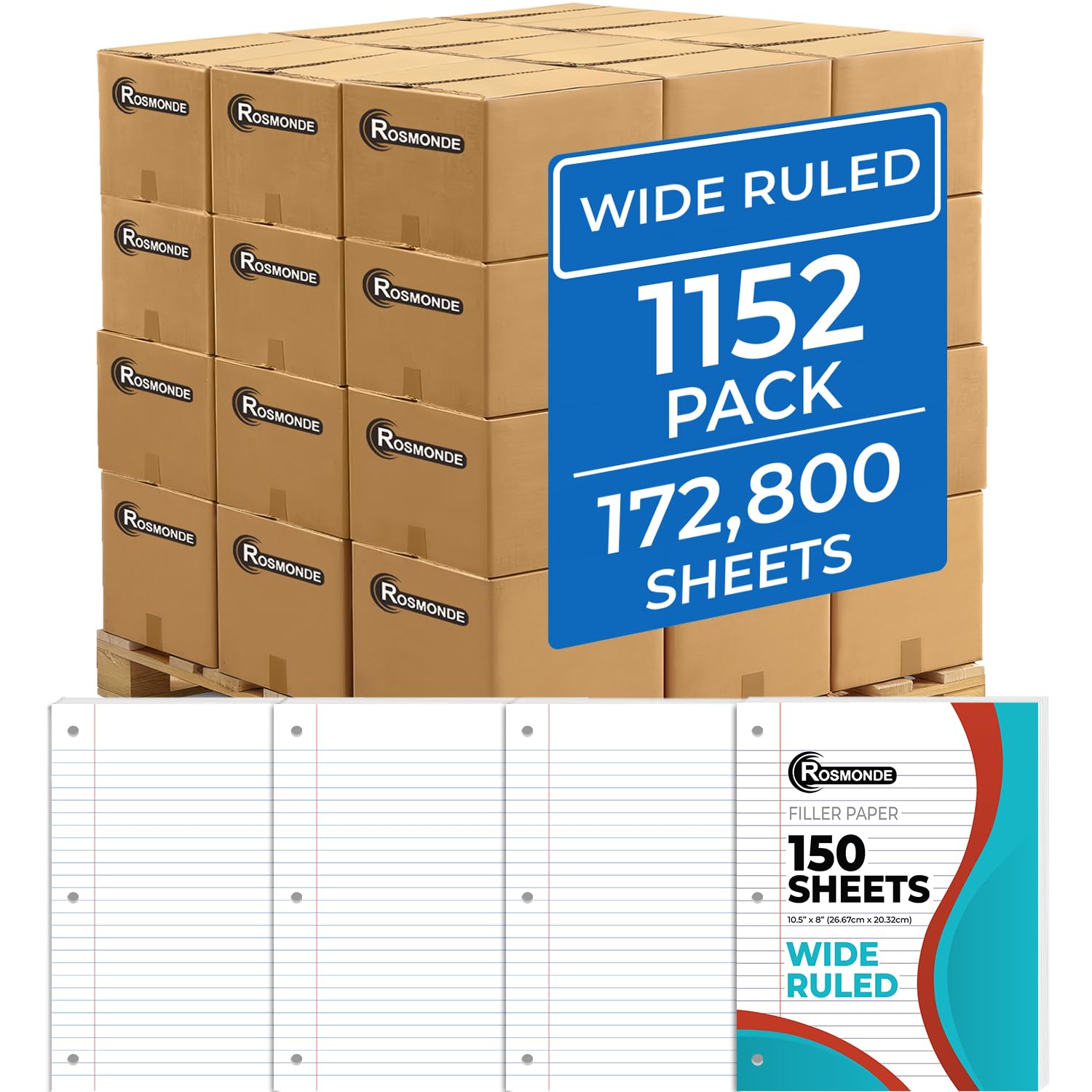 Rosmonde 1152 Pack (Pallet) Loose Leaf Paper Bulk, 172800 Sheets, Wide Ruled, 150 Sheets/Pack, 8 X 10.5', Pallet Of Filler Pape
