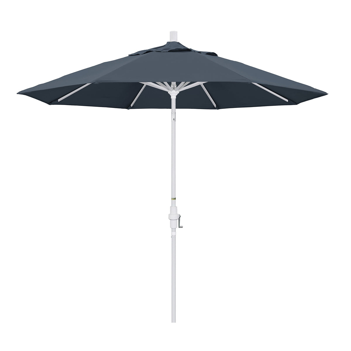 California Umbrella 9' Round Aluminum Market Umbrella, Crank Lift, Collar Tilt, White Pole, Pacifica Sapphire