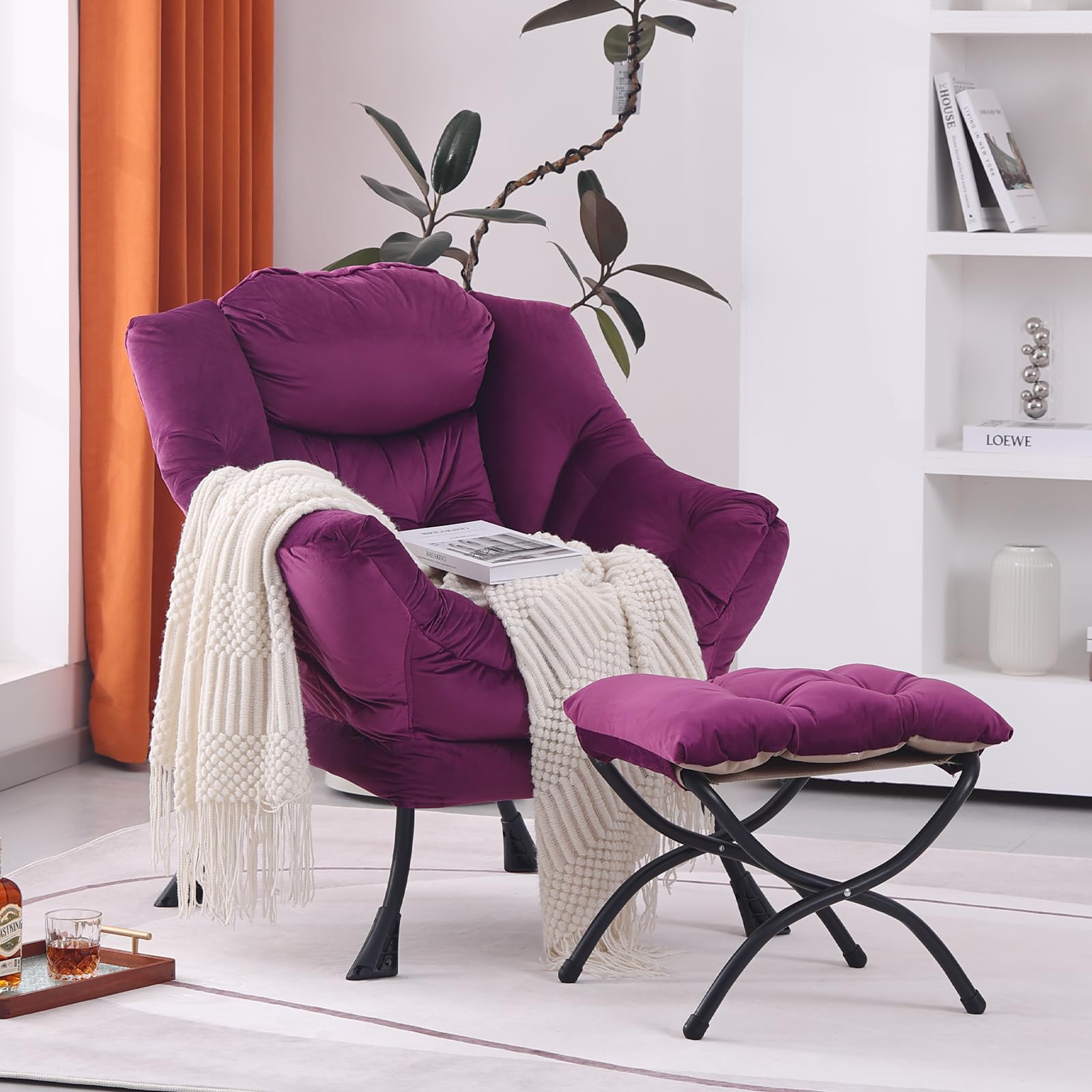 Seshinell Lazy Chair With Ottoman, Modern Accent Chair Lounge Leisure Sofa Chair With Armrests, Reading Chair And Folding Footst