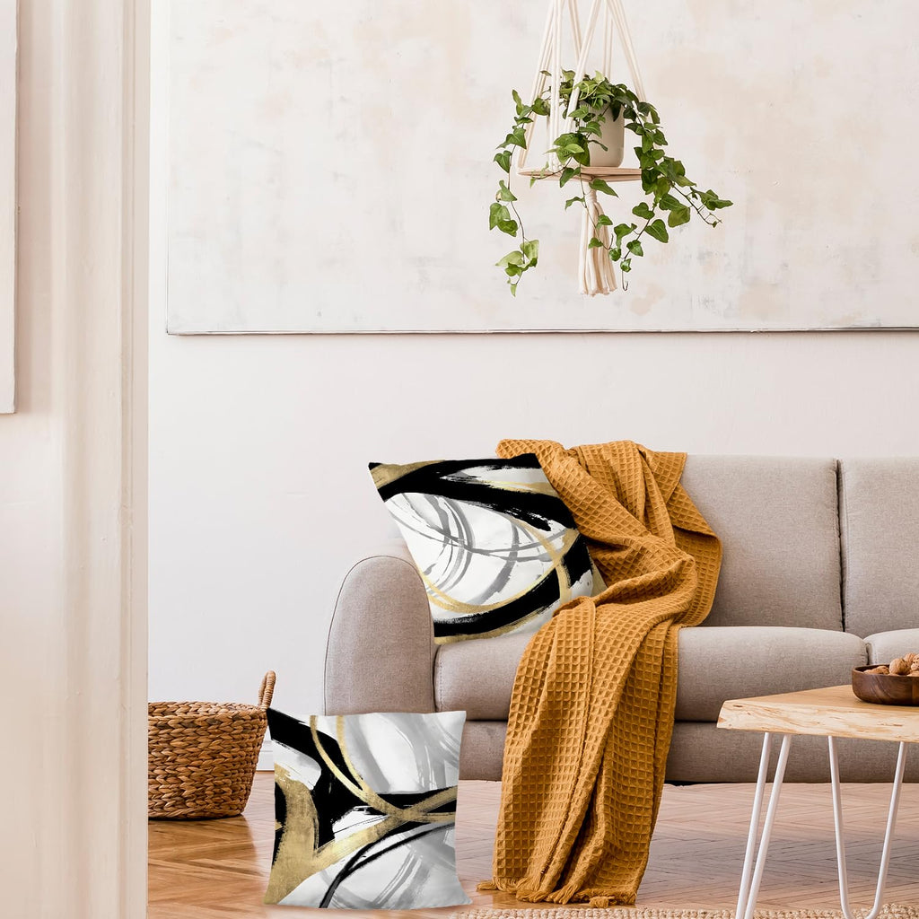 Supwhd Black White And Gold Pillow Covers, Abstract Black And Gold Pillow Covers 18X18 Set Of 2, Modern Boho Home Decor, Black A