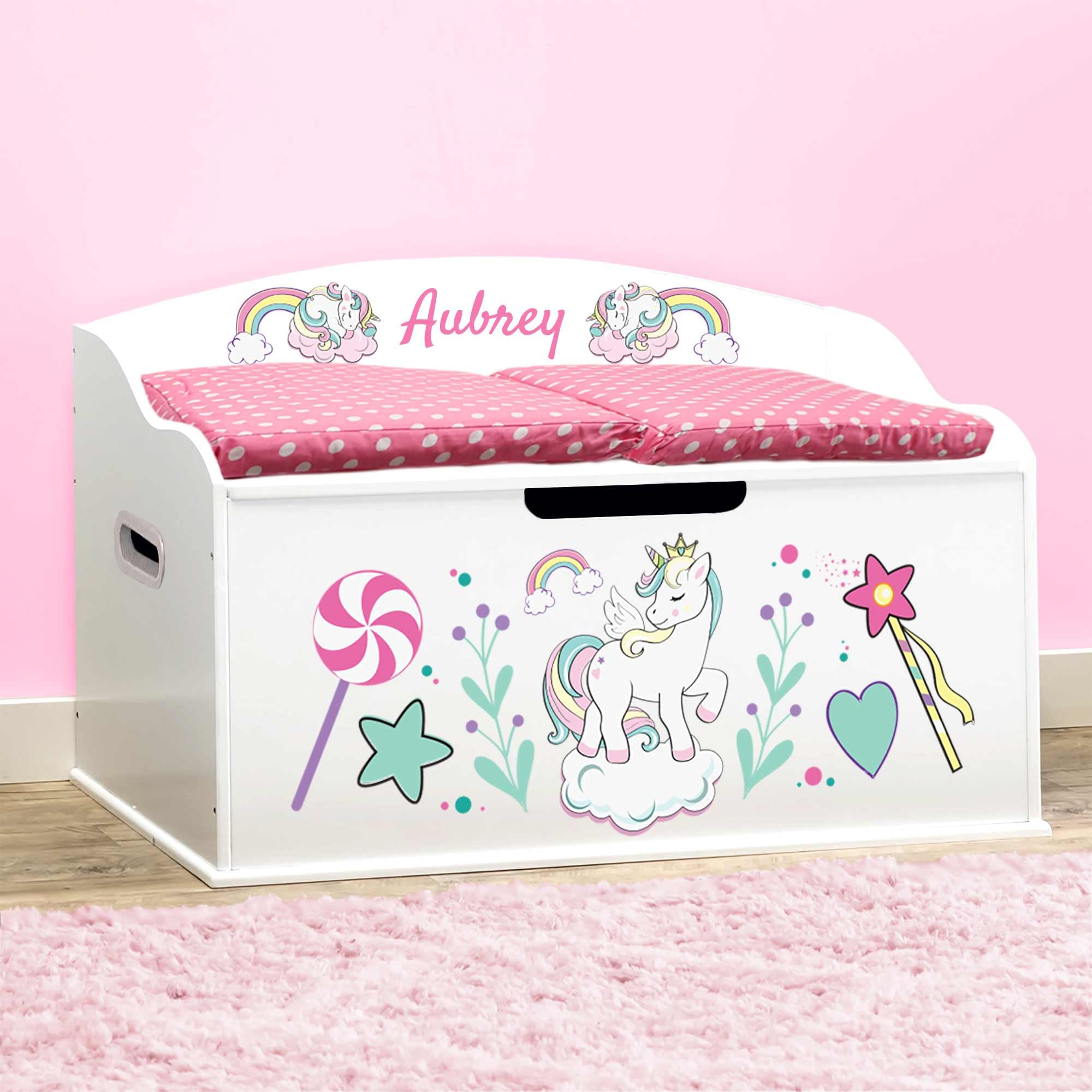 Dibsies Personalized Creative Wonders Toy Box (Unicorns & Rainbows, White)
