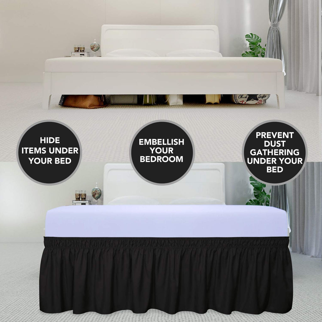 Purefit Wrap Around Ruffled Bed Skirt With Adjustable Elastic Belt - 18 Inch Drop Easy To Put On, Wrinkle Free Bedskirt Dust Ruffles, Bed Frame Cover For Twin, Twin Xl And Full Size Beds, Black