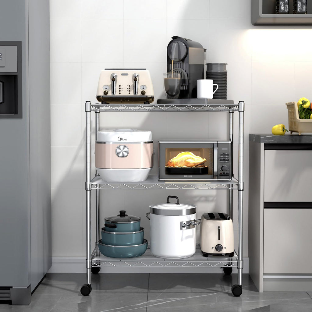Simple Deluxe Heavy Duty 3-Shelf Shelving With Wheels, Adjustable Storage Units, Steel Organizer Wire Rack, 24.02? X 13.78? X 31.89?, Chrome, Hkshlf23133003Cpc
