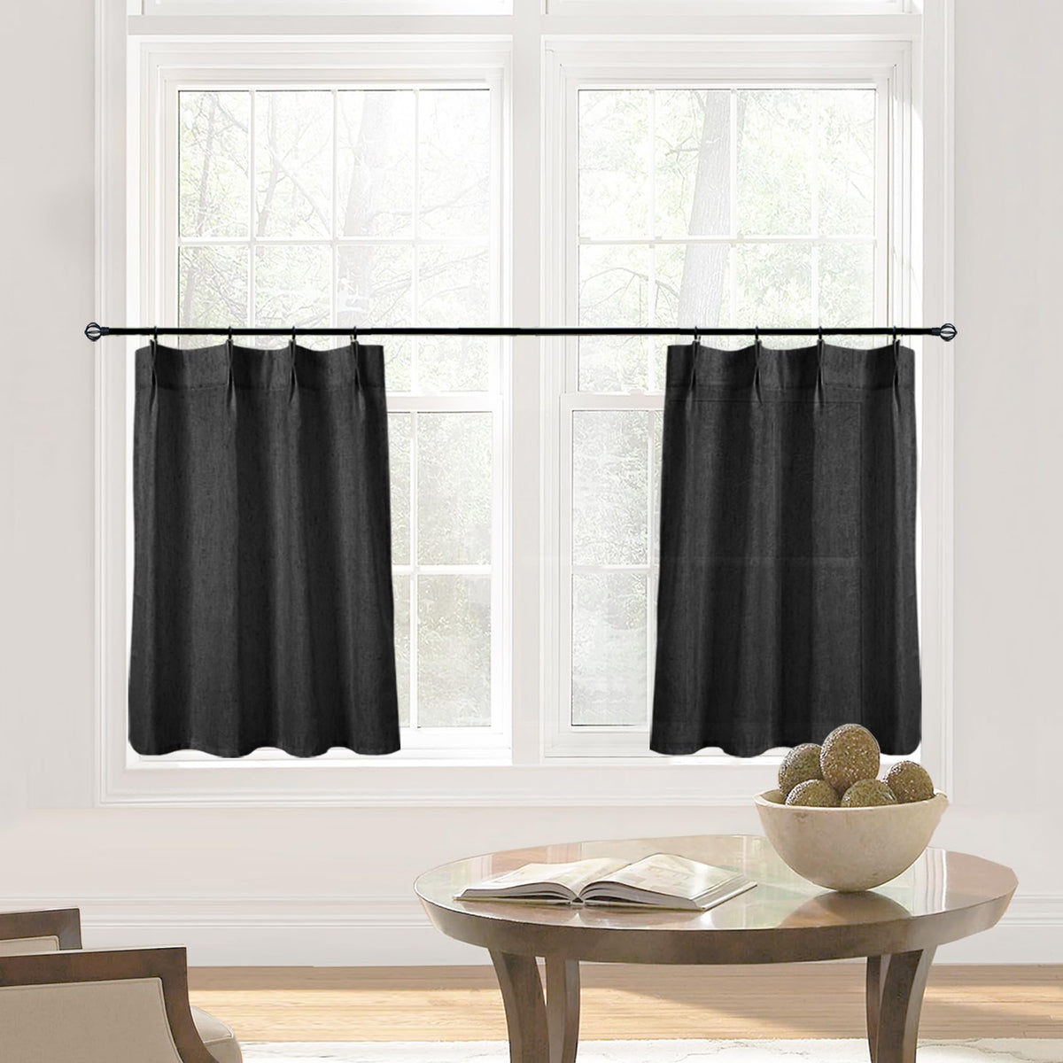 Black Kitchen Curtains 2 Panels Sets,Linen Sheer Farmhouse Small Curtains For Bathroom Window,24 Inch Length