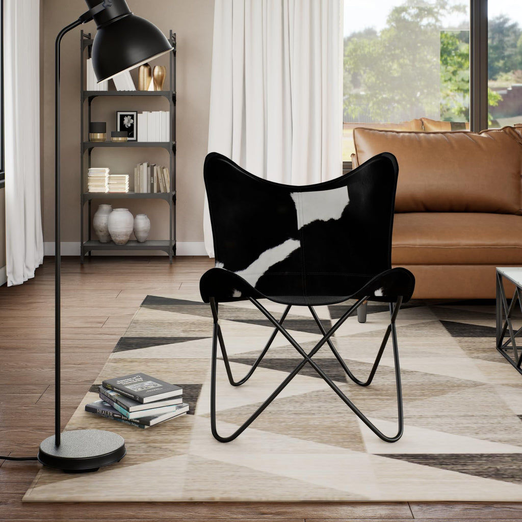 vidaXL Butterfly Chair, Lightweight Armchair with Powder-Coated Steel Frame, Comfortable Genuine Goat Leather, Versatile Utility 17.91" x 25.79" x 4.13", Black & White