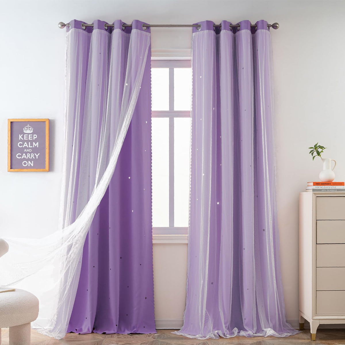 Yancorp Purple Curtains For Bedroom Living Room Thermal Insulated Kids Curtain Hollow-Out Star Window Nursery Curtain 96 Inches Length Room Darkening Grommet(Purple,52 * 96),1 Panel