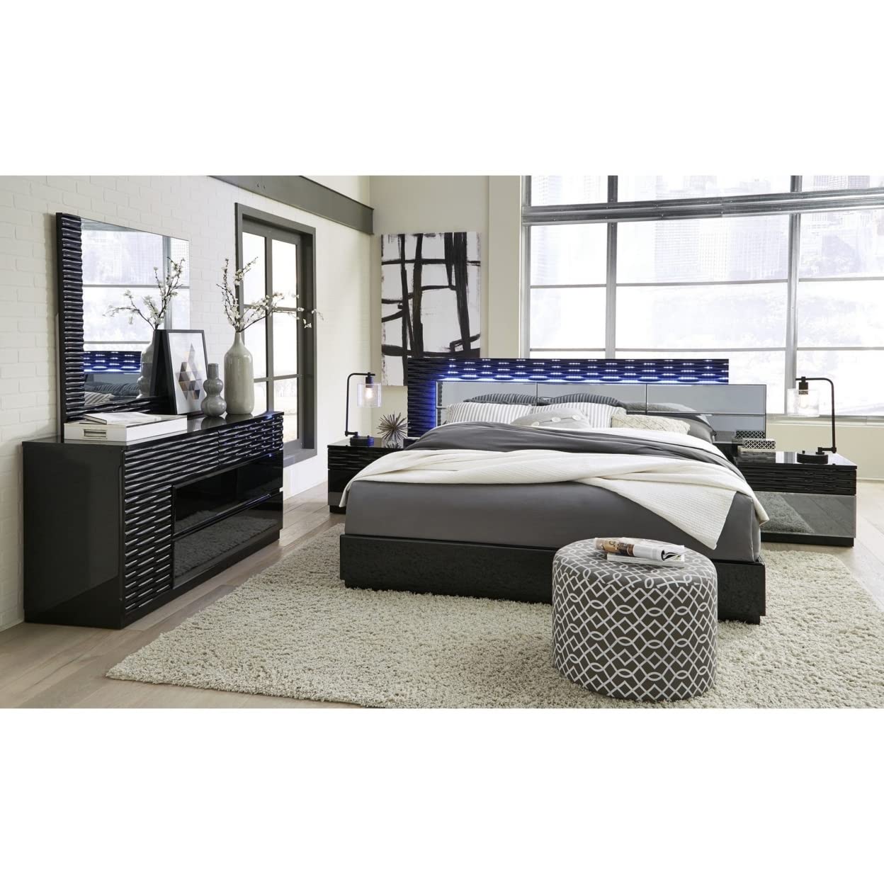 HomeRoots Rubberwood Modern Black Chest with Geometric Designed Panels 5 Drawers