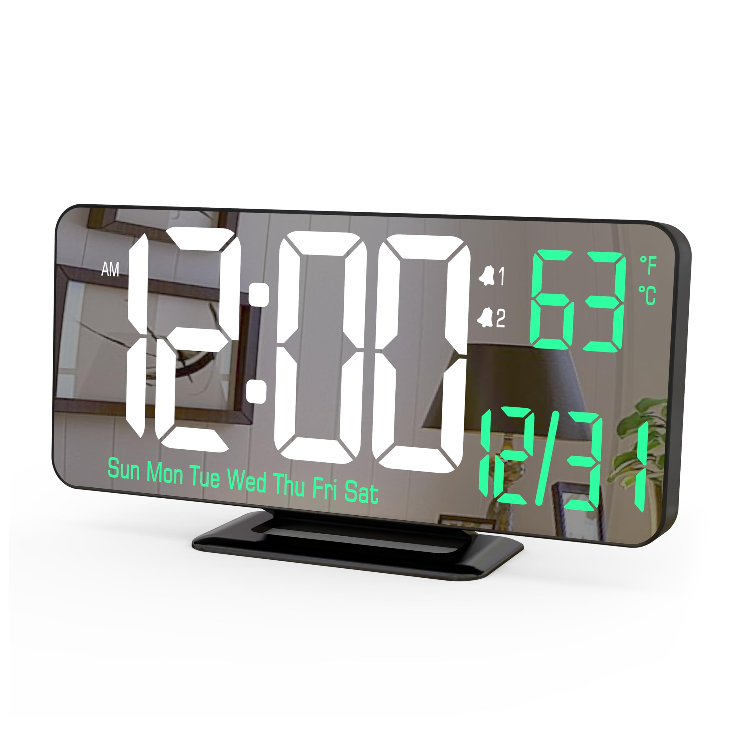 KOSUMOSU Desk Clock 6.7in Black Digital Alarm Clock with Dual Alarm, Dimming, Date, Day of Week, Temp, 12h 24h, Digital LED Cloc