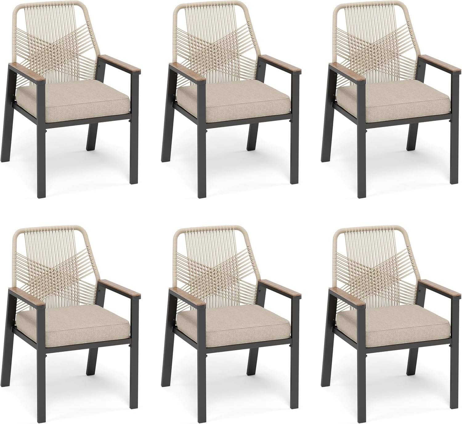 SUNSHINE VALLEY Patio Dining Chairs Set of 6, All-Weather Woven Rattan Outdoor Chairs with Waterproof Cushion and Wrought Iron F