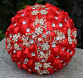 Sharebeauty 9.4 Inch Handmade Satin Rose Bridal Bouquet Toss Round Wedding Bouquet Throw Toss Artificial Flower Bunch Red