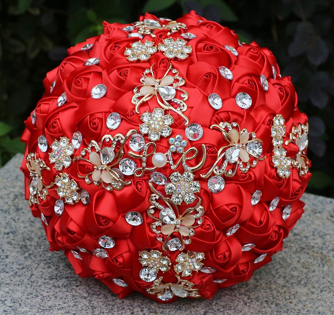 Sharebeauty 9.4 Inch Handmade Satin Rose Bridal Bouquet Toss Round Wedding Bouquet Throw Toss Artificial Flower Bunch Red