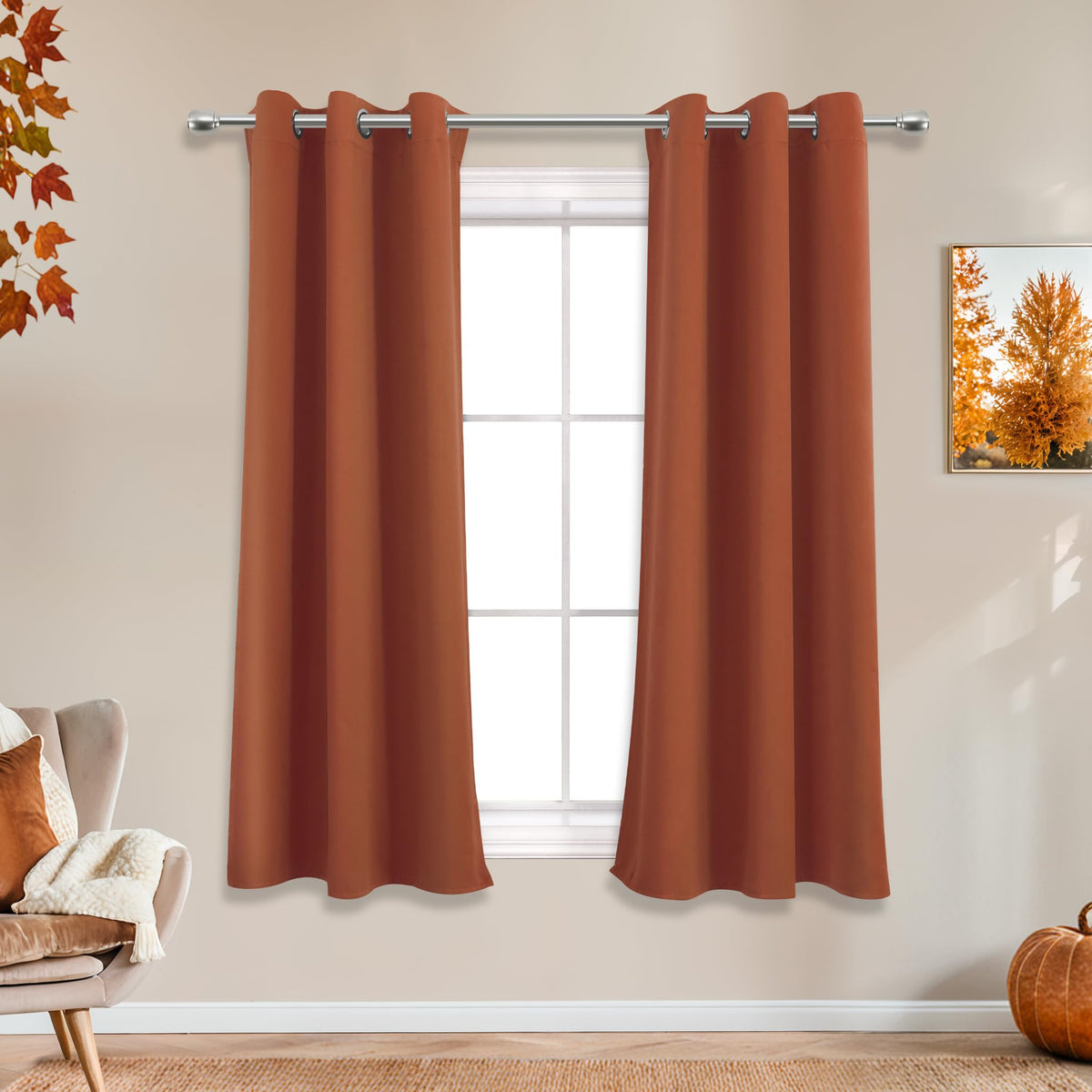 Mrs.Naturall Short Curtains for Bedroom Windows,Boho Blackout Cafe Kitchen Curtains 45 Inch Length,Burnt Orange