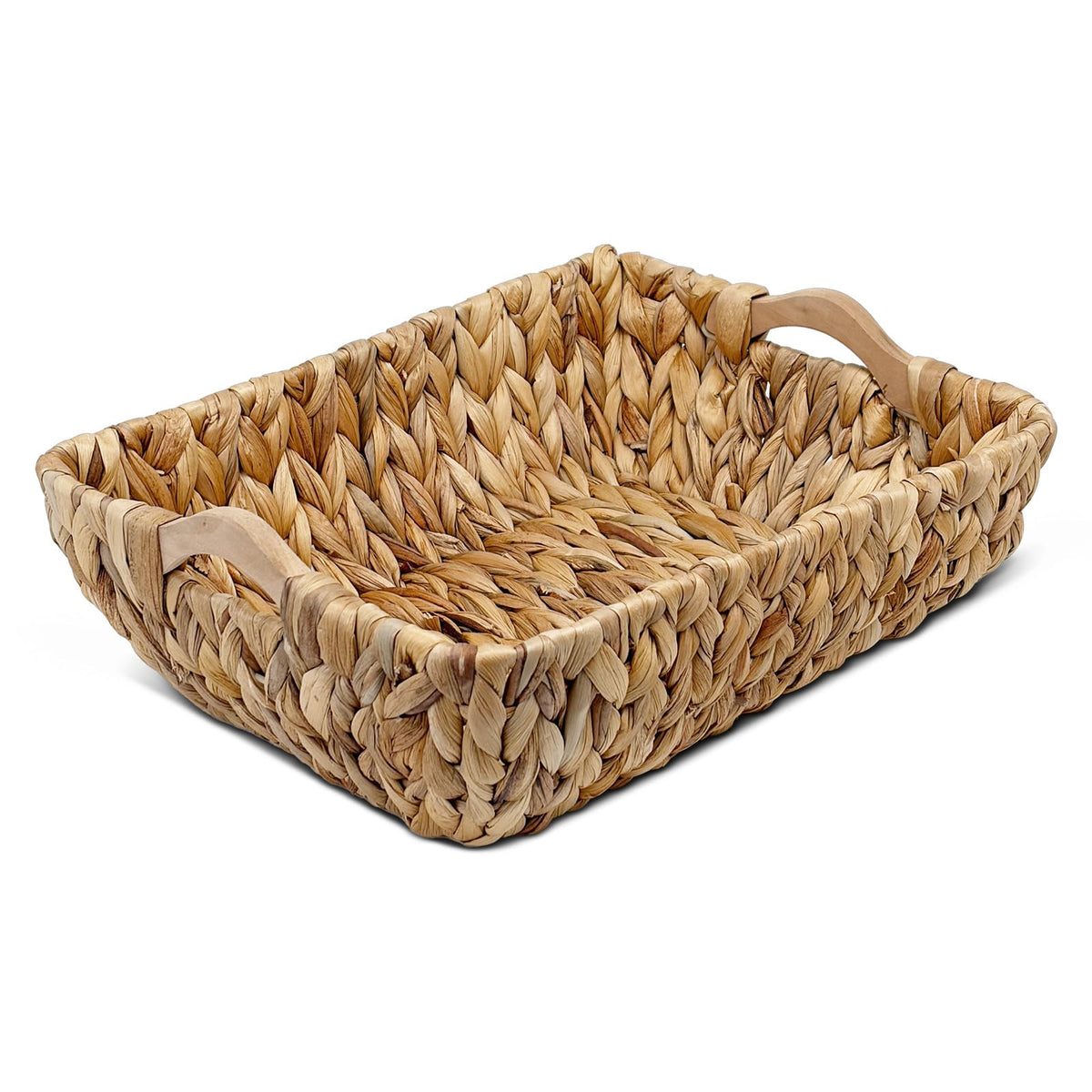 Water Hyacinth Storage Basket with Wooden Handles, Handwoven Wicker Bin (1)