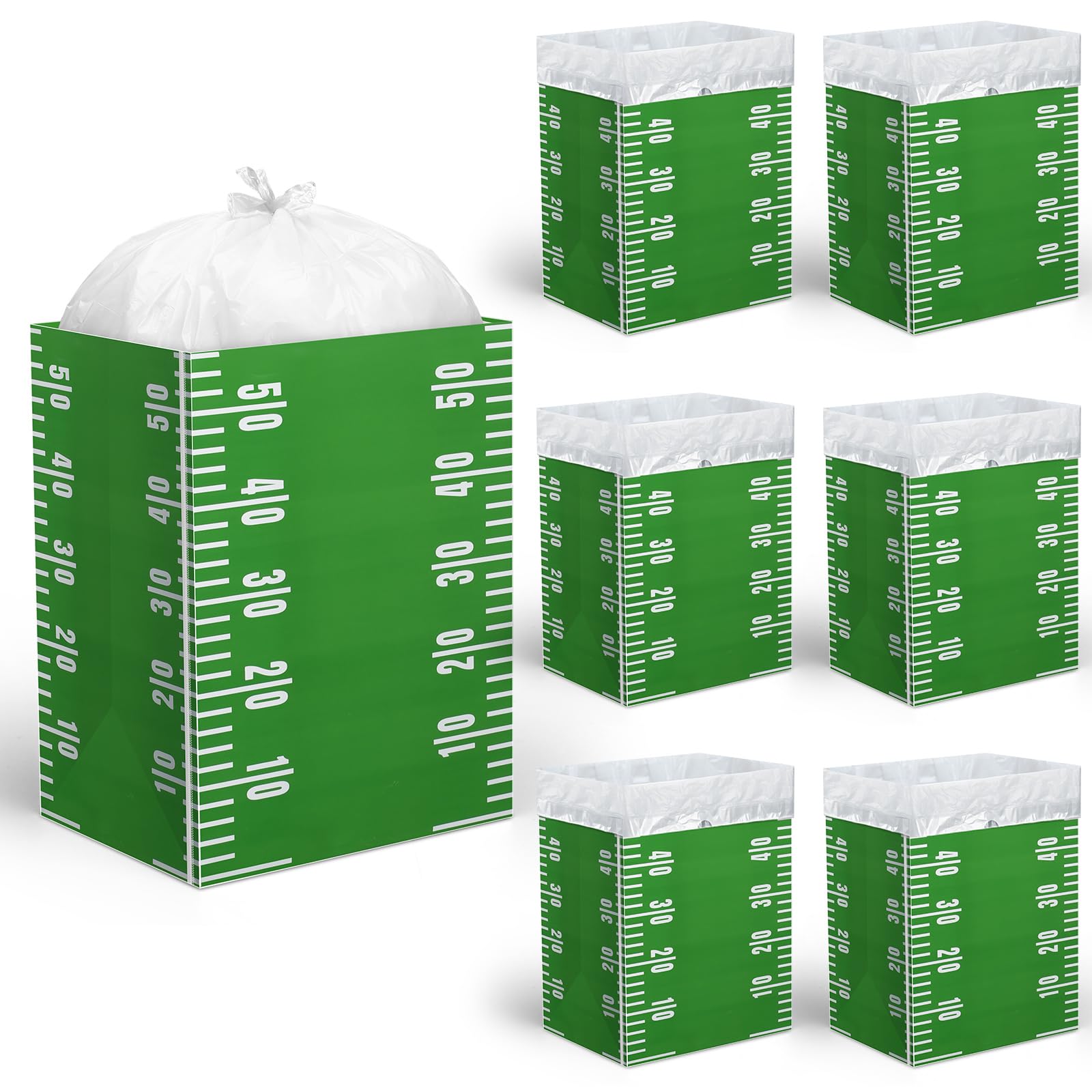 Teenyyou 6 Pcs13 Gallon Green Football Disposable Trash Cans Plastic Recycle Garbage Bins with 1 Roll Drawstring Trash Bag Dispo