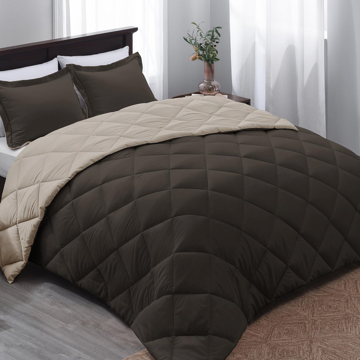 Basic Beyond King Size Comforter Set - Brown Comforter Set King, Reversible King Bed Comforter Set For All Seasons, Brown/Ivory,