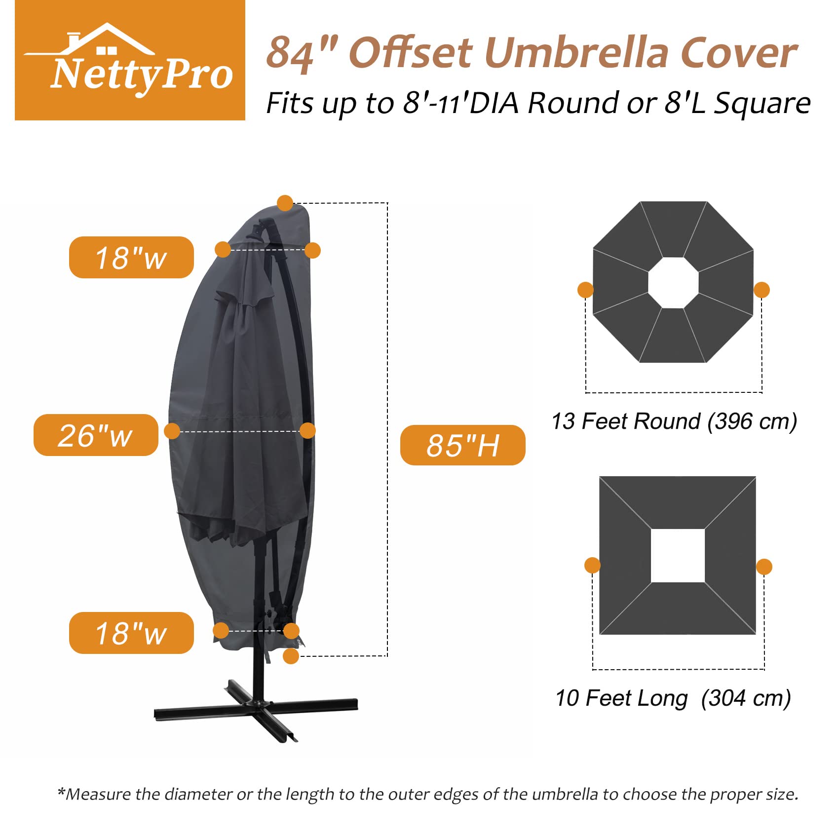 Nettypro Patio Umbrella Cover For 10 To 11Ft Offset Umbrella, Fade Resistant Waterproof Outdoor Cantilever Parasol Banana Umbrellas Cover With Zipper And Rod, Black