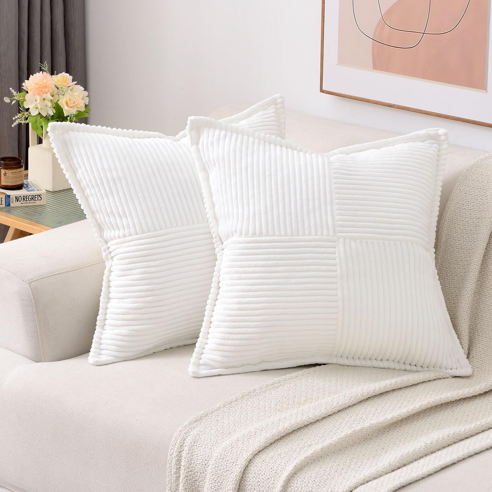 Haussy Pure White Throw Pillow Covers 18X18 Inch Set Of 2,Soft Solid Corduroy Striped/Wide Bordered,Square Decorative Cushion Ca