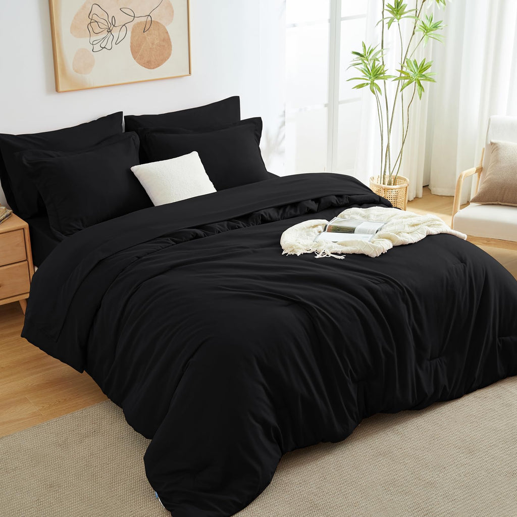 Cozylux King Comforter Set Black, 7 Pieces Bed In A Bag Soft Bedding Comforter Set With Sheets, All Season Boho 7Pc Bed Sets With Comforter, Fitted Sheets, Flat Sheets, Pillow Shams And Pillowcases