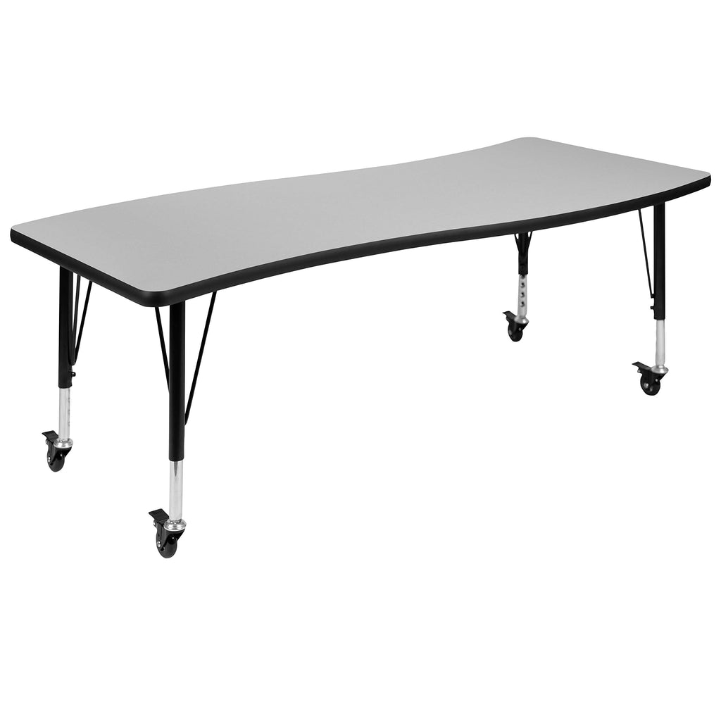 Flash Furniture Mobile 26"W x 60"L Rectangular Wave Collaborative Grey Thermal Laminate Activity Table - Height Adjustable Short Legs
