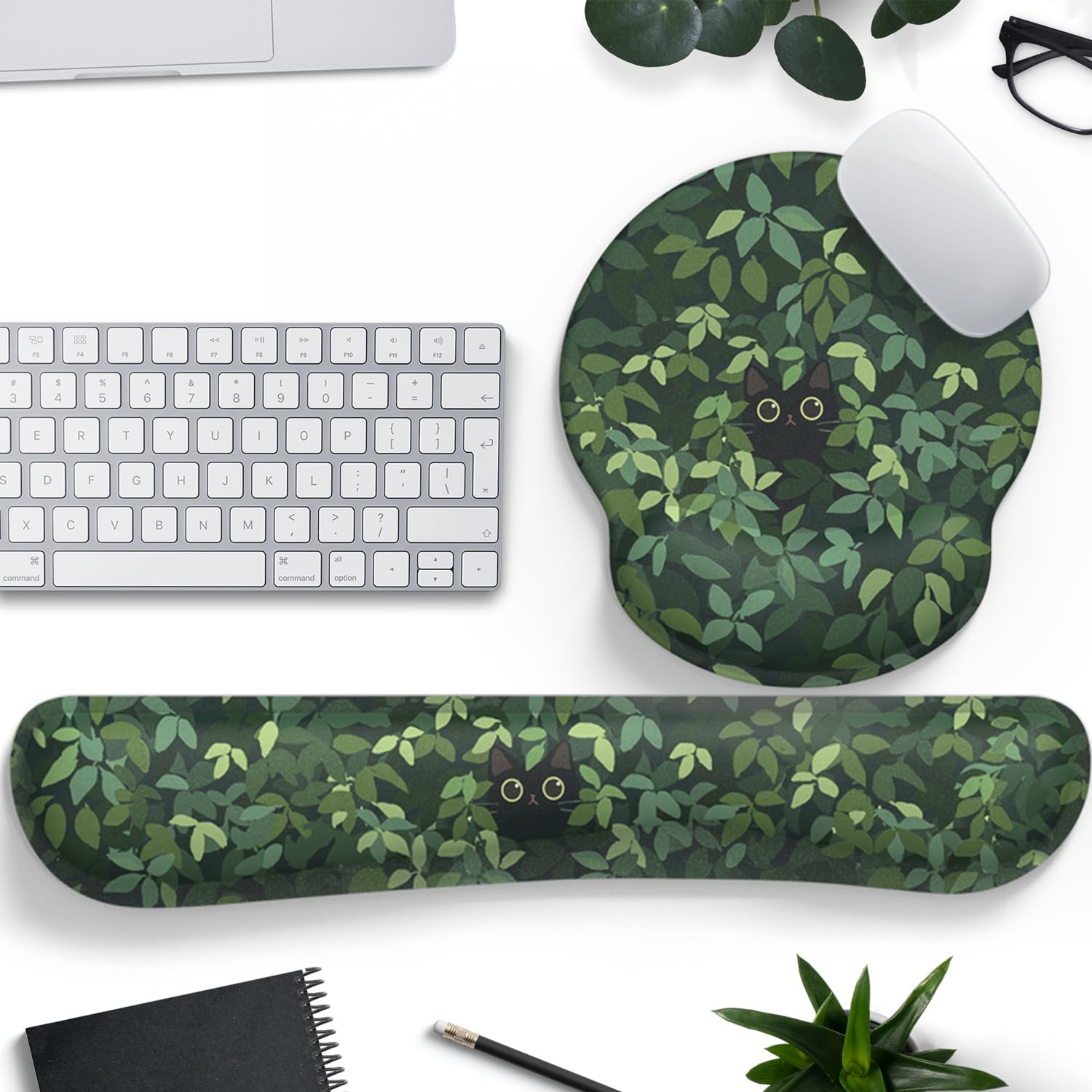 Cute Ergonomic Green Mouse Pad Cat Wrist Support,[ 20% Larger] Wrist Rest Gel Anime Kawaii 3D Green Office Plants Mouse Pads, Ke