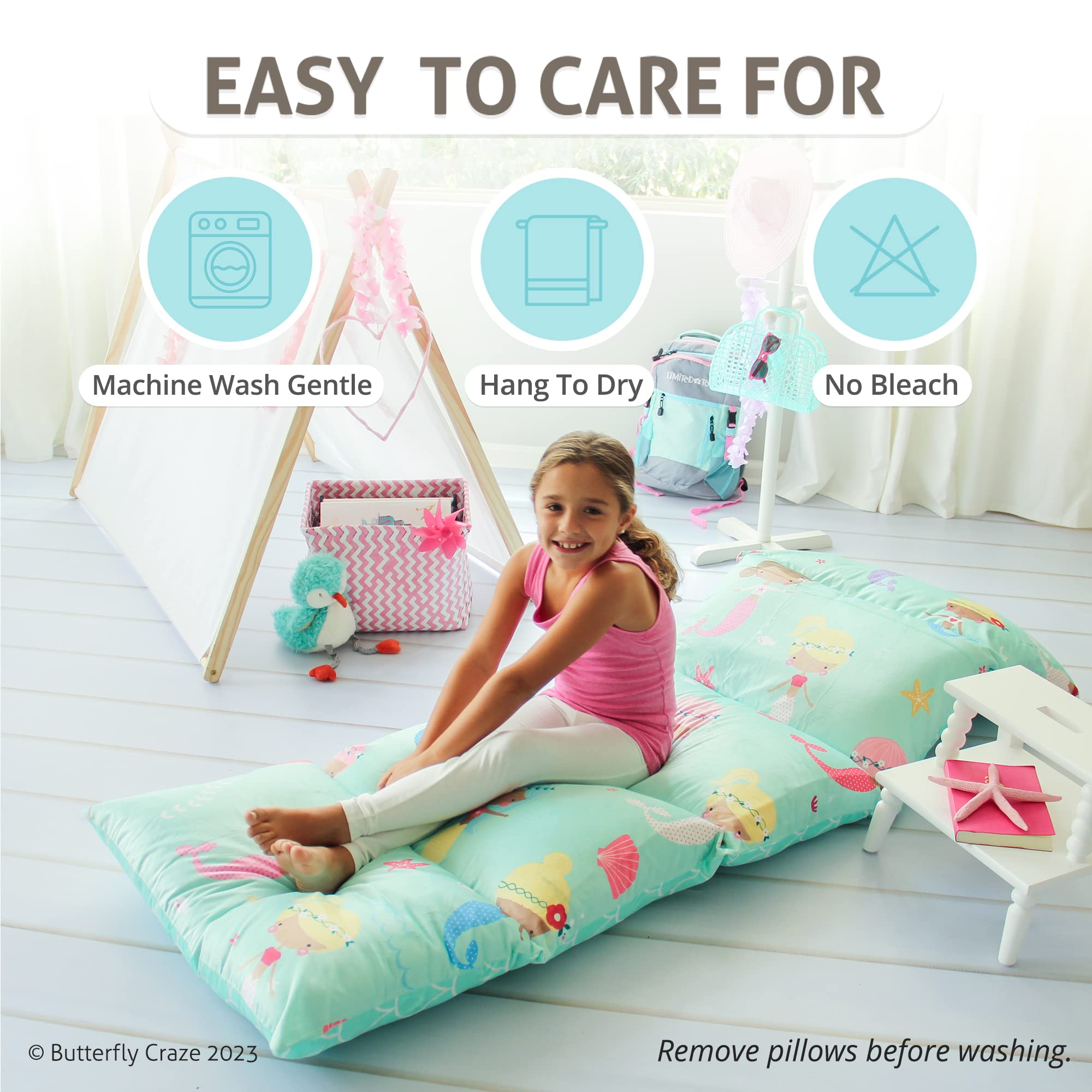 Butterfly Craze Floor Pillow Case, Mattress Bed Lounger Cover, Mermaid Aqua, Queen Size - Cozy Seating Solution For Kids & Adult