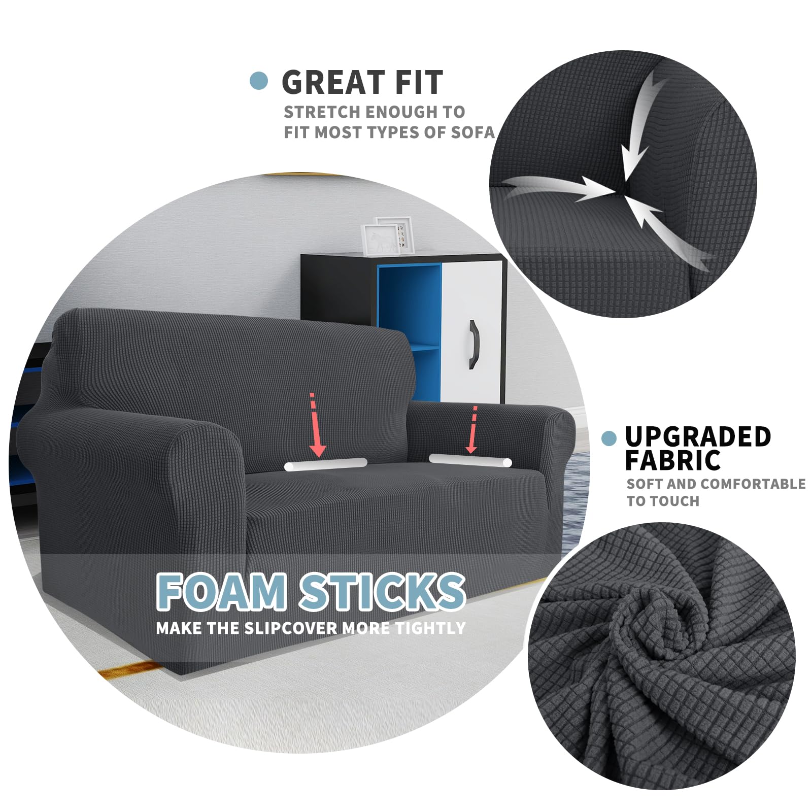 Jiviner High Stretch Couch Covers For 3 Cushion Couch, 1-Piece Jacquard Sofa Slipcovers Fitted Washable Sofa Covers With Elastic Bottom Furniture Protector For Kids Pets (Sofa, Grey)