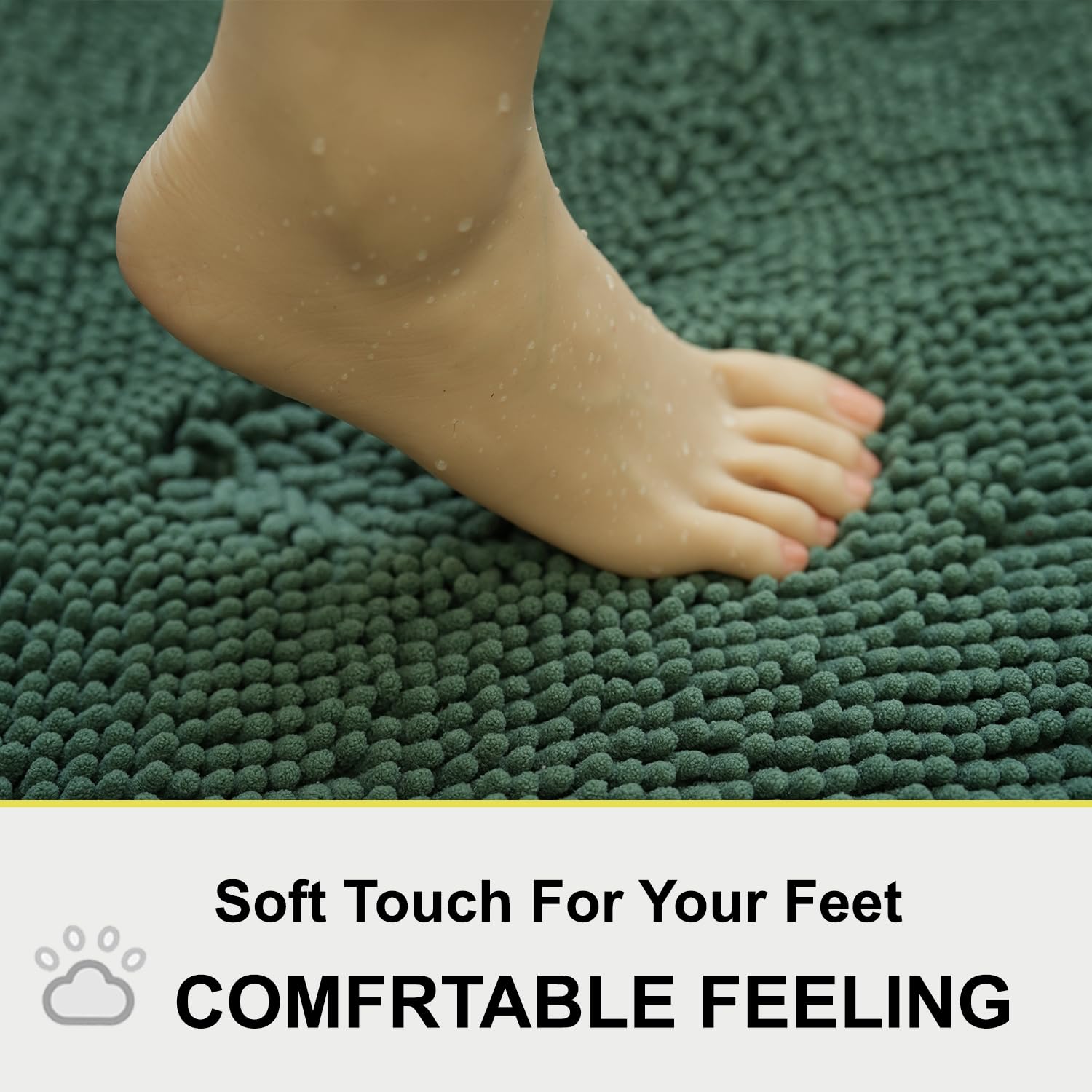 Green Bathroom Rug Chenille 3-Piece Extra Soft And Absorbent Shag Bath Mat Set, Machine Wash Green Bathroom Rug Set, Strong Pvc