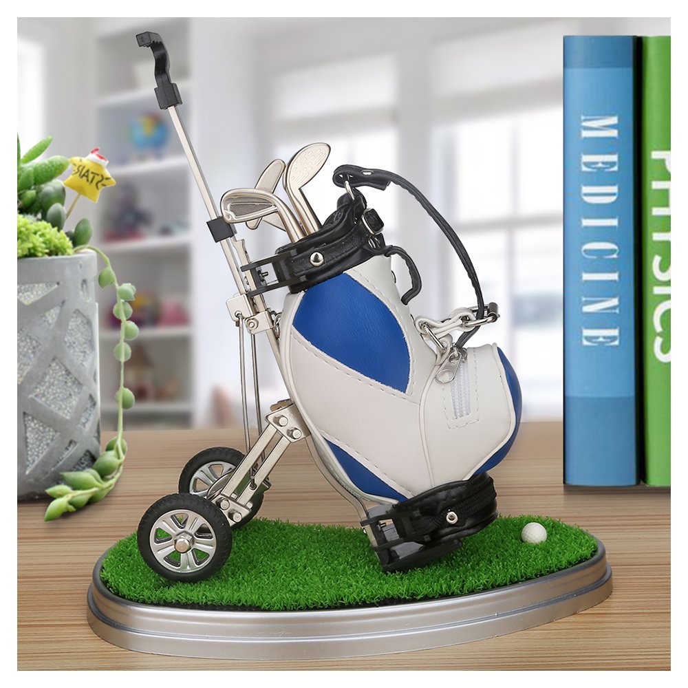 10L0L Golf Pen Holder With 3 Pieces Golf Club Pens Set Unique Golf Golf Desk Decor Gifts Souvenirs For Men - Blue + White