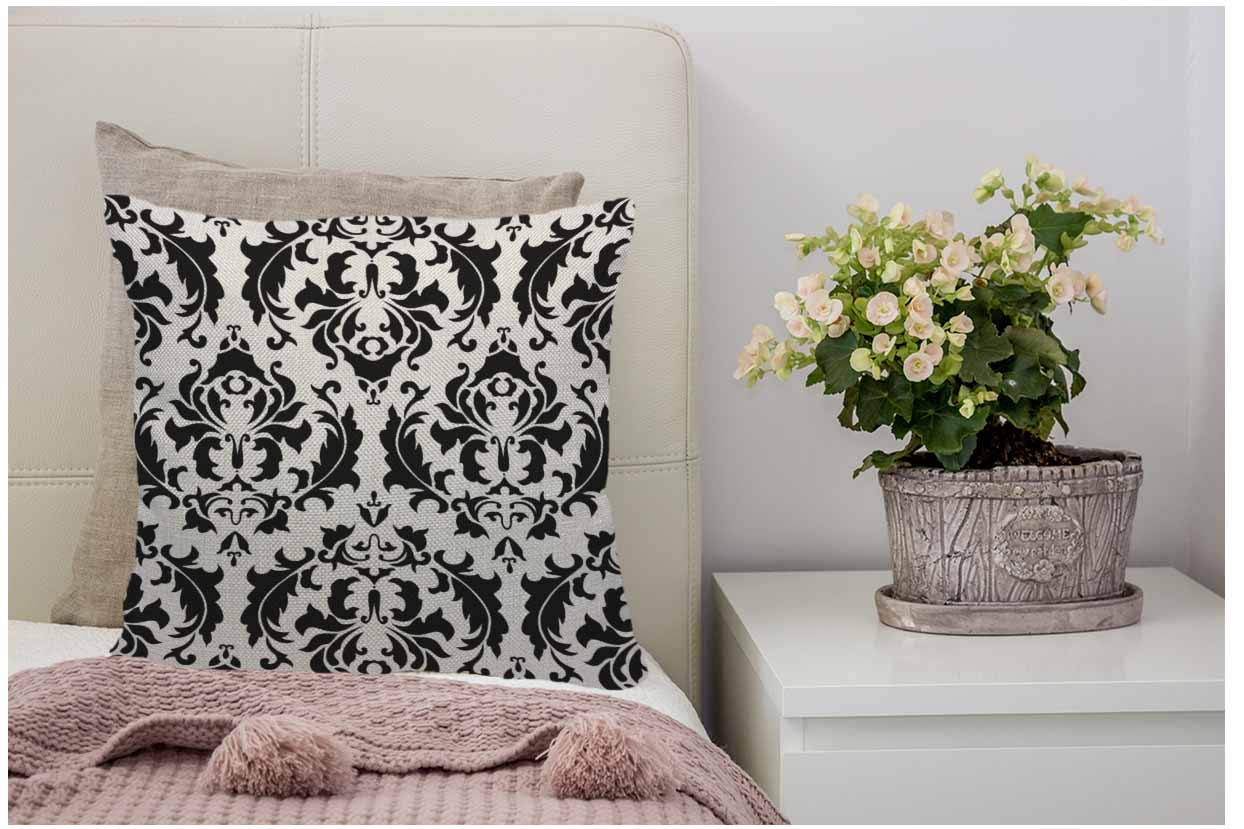 Wondertify Throw Pillow Cover Case Black And White Damask American - Soft Linen Pillow Case For Decorative Bedroom/Livingroom/Sofa/Farm House - Couch Pillow Cushion Covers 18X18 Inch 45X45 Cm