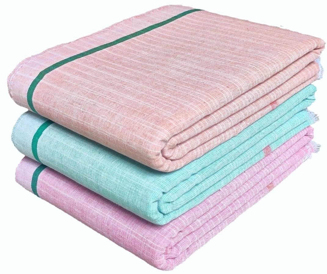 Mk weaves Cotton Gamcha Bath Towels 250 GSM Multicolor(Set of 3, 31 X 65 Inch) Light Weight AAnd Fast Water Absorbing