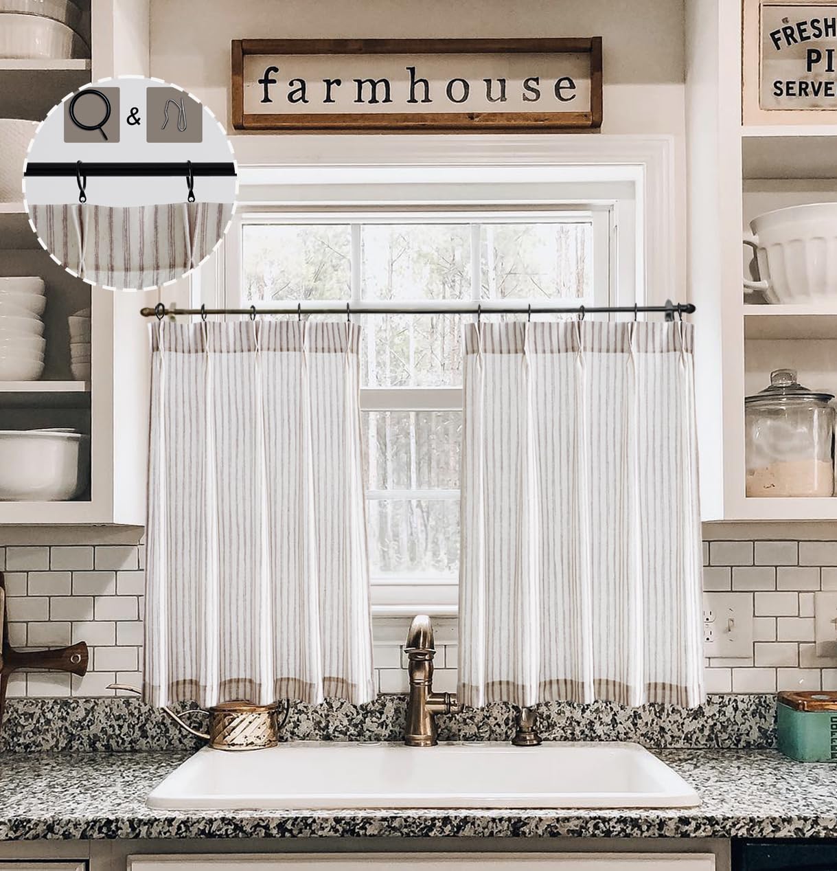 LIMON HOME Farmhouse Kitchen Curtains,24 Inch Length Taupe Striped Pinch Pleat Curtains,Rustic Cabin Curtains,2 Panels Taupe on 