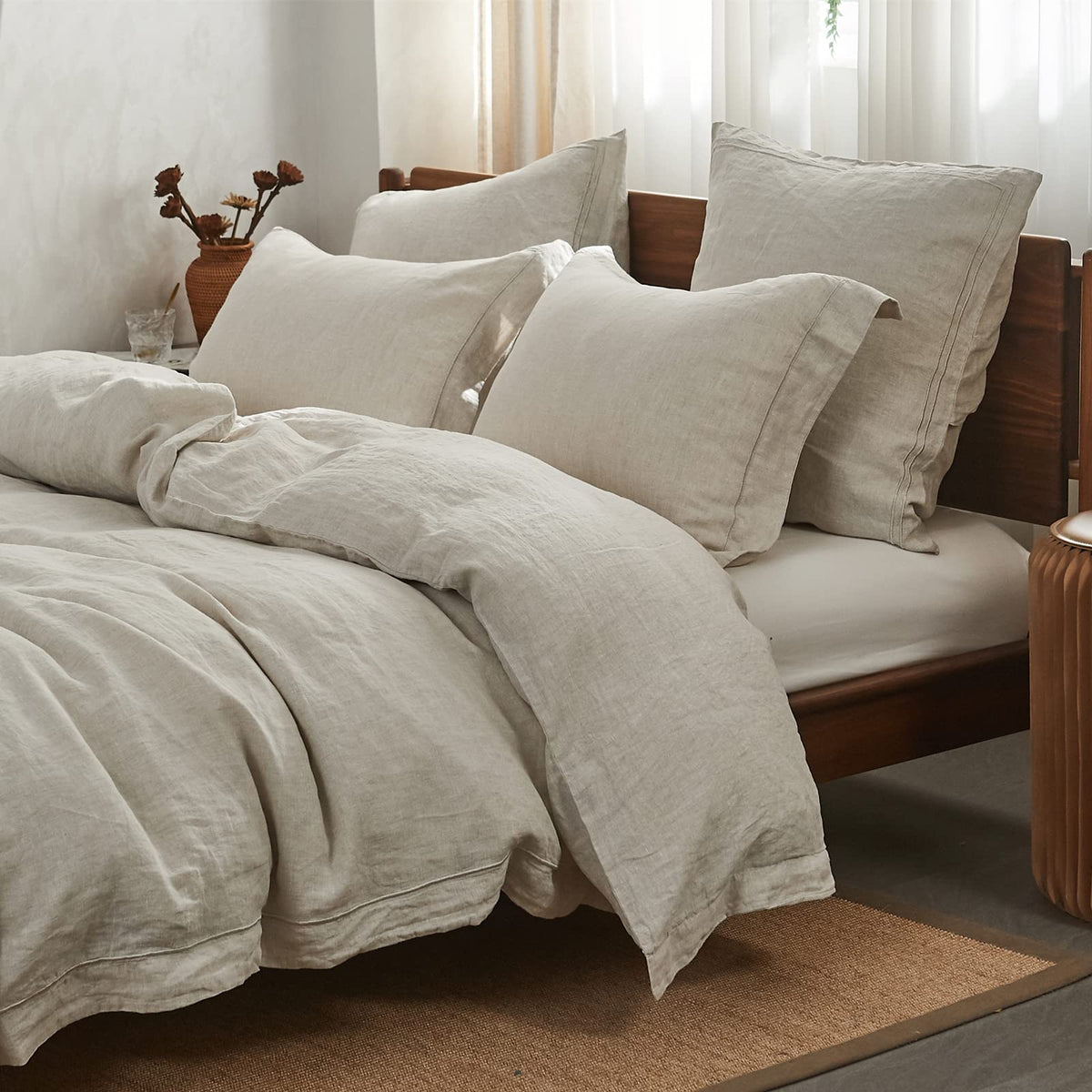 Simple&Opulence 100% Linen Duvet Cover Set With Embroidery Washed - 3 Pieces (1 Duvet Cover With 2 Pillow Shams) With Button Clo