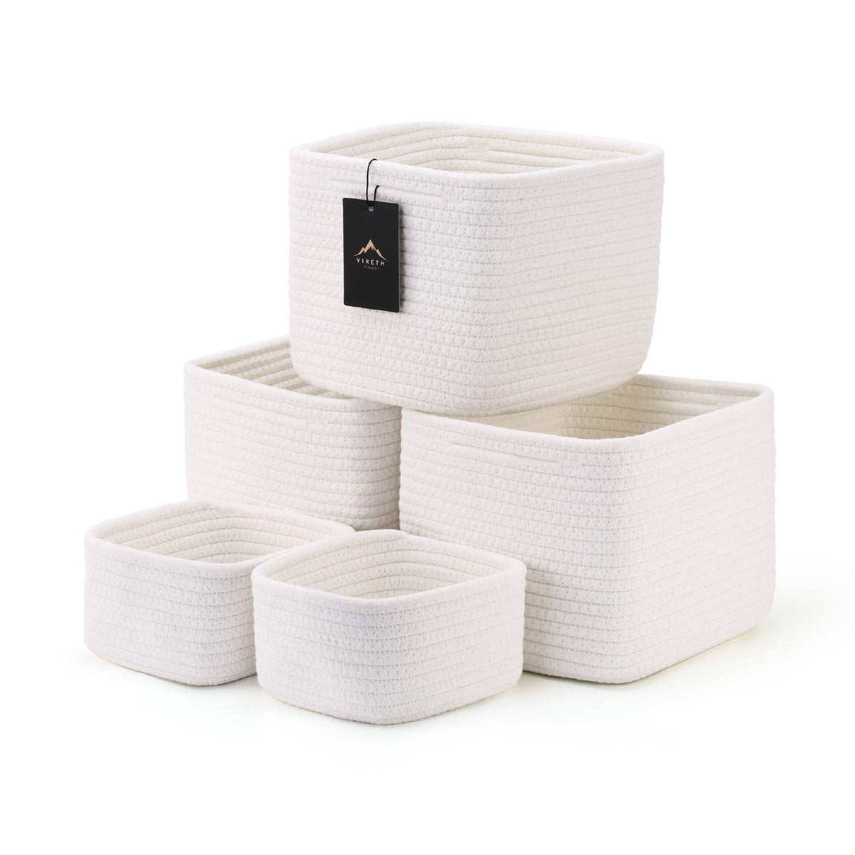 VIRETH HAUS 5Pack Storage Cubes Woven Rope Baskets, 2 Sizes Organizer Bins